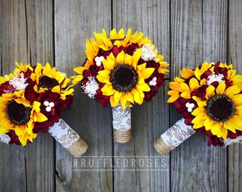 Burgundy Sunflower Bridesmaid Bouquet, Sunflower Bridesmaid Bouquet, Sunflower and Burgundy Bouquet