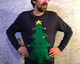 Blue Knitted Ugly Christmas Sweater Christmas Tree Jumper Navy Blue Winter Stocking Cosby Jumper Size Medium to Large Blue Festival Jumper