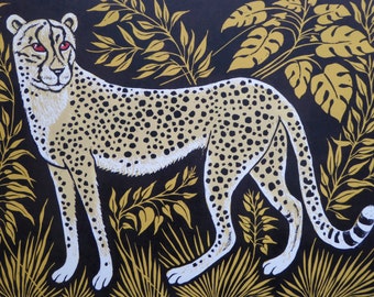 Spotty Cheetah card,Cheetah card,Spotty Cheetah Lino print card,African Leaves,Story card,Animal card,Children's card,Adult card