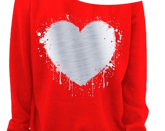 LADIES VALENTINE SWEATSHIRT - Heart - Foil - Slouchy Sweatshirt - Grunge - Splatter Heart - Off the shoulder - Silver Foil Imprint - s-3x