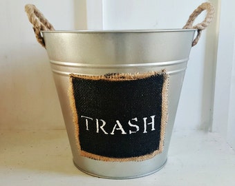 Bathroom Waste Baskets. Rustic. Brushed Nickel. Rope Handles. Rustic Metal Bucket. Farmhouse Bathroom Waste Basket. Farmhouse Metal Bucket