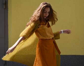 Wool mustard mohair cardigan, Gold long cardigan, Mohair knitted cardigan, Chunky women cardigan, Open front cardigan,loose knit cardigan