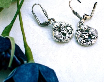 Silver Lotus Flower Koi Fish Earrings Yoga Jewelry Buddhist Taoist Vipassana Mindfulness Meditation Jewelry Art Nouveau Asian Inspired