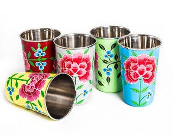 Tumbler floral design, enamelware, enamel ware, hand painted,tin