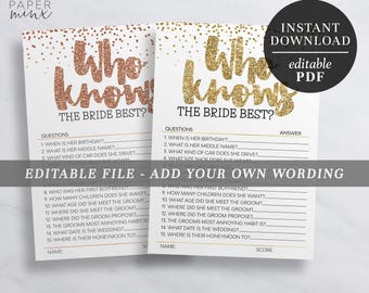 Who Knows The Bride Best Editable Game | How Well Do You Know The Bride Editable | Rose Gold | Gold Glitter | Bachelorette Games | Hens