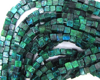 4mm blue green azurite cube beads 16" strand 30309