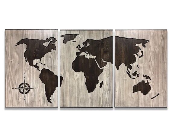 Wood world map wall art carved 3 Panel home decor world map