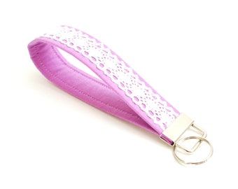 Orchid Purple and Lace Key Fob - 5 Inch Loop - Short Lanyard - Key Wristlet - Key Ring Chain - Fabric Keychain - Key Wrist Strap - Lace Fob