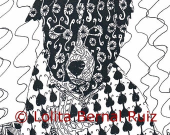 zentangle art / puppy drawing / dog illustration / border collie / doodle / black and white / 8 x 10 inch / P116