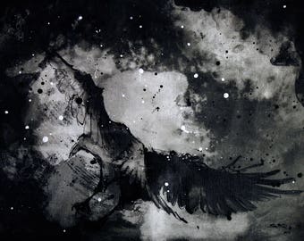 A3 Crow painting - 12x16in canvas, A3, 42x30cm - crow flying at night