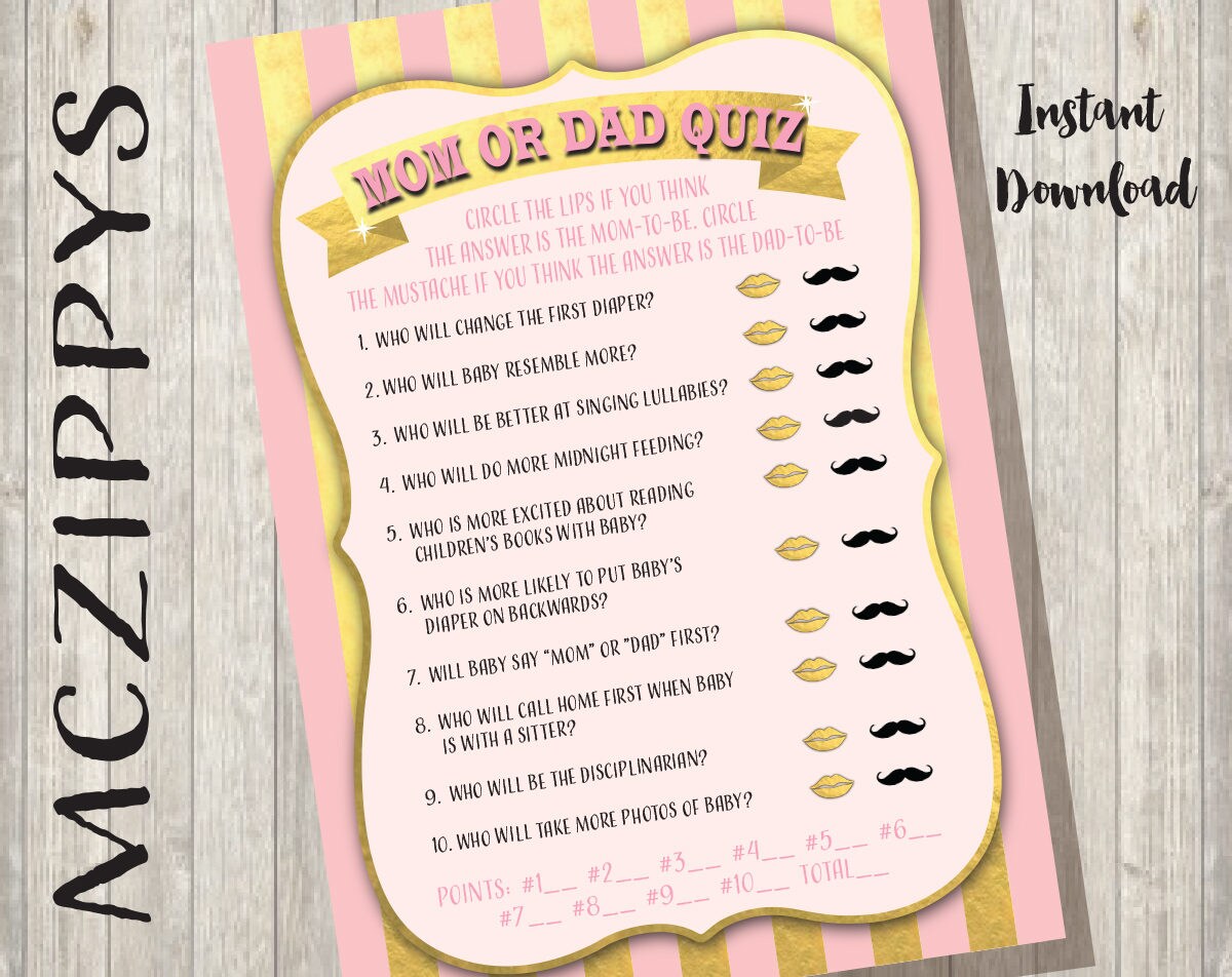Printable Baby Shower Game Mom or Dad Quiz Trivia with