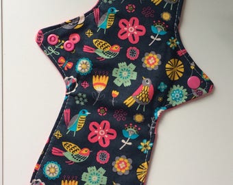 Blue and pink Reusable cloth Pantiliner,flannel backed cotton topped, navy blue and coral, bird print, light flow, Emma and mila fabric