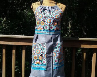 Women's Ruffled Full Market Apron, Recycled Gardening Pocket Apron, Handmade Patchwork Festival Hippie Halter Top, Waitress Server Kitchen