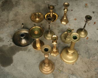 LARGE LOT 13 Vintage Brass Candlestick Candleholders - Tall, Short, Candlesticks, Candle Holders Wedding Reception, Holiday