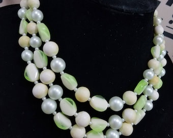 Lovely Triple Strand Beaded Necklace from Japan in Shades of White and Green