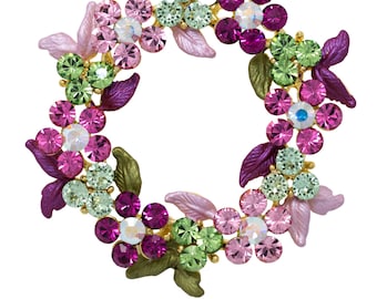 Gold-tone Swarovski Element Crystals Wreath Pin Brooch - Pink