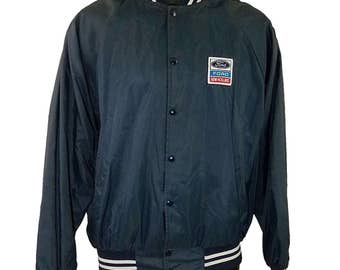Ford Satin Bomber Jacket Vintage 80s New Holland K-Brand Made In USA Blue Mens Size Large