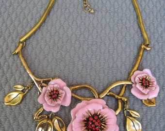 Sophisticated Pink Wild Rose with Gold Branches and Leaf Necklace
