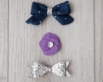 Fabric, Felt and Glitter Bows | girl bows | patterned bow | headband | purple bow | non slip clip | snap clip | flower bow | silver glitter