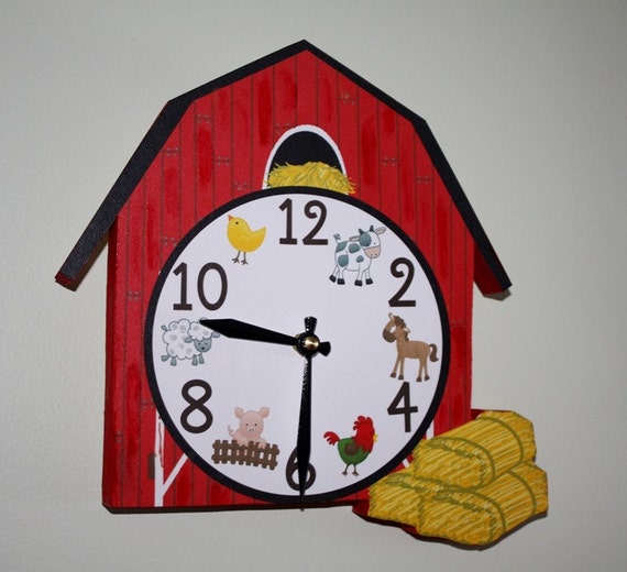 Red Barn Farm Animal Wooden WALL CLOCK for Kids Bedroom Baby