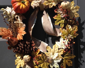Pumpkin, Leaves, and Berries Autumn Wreath