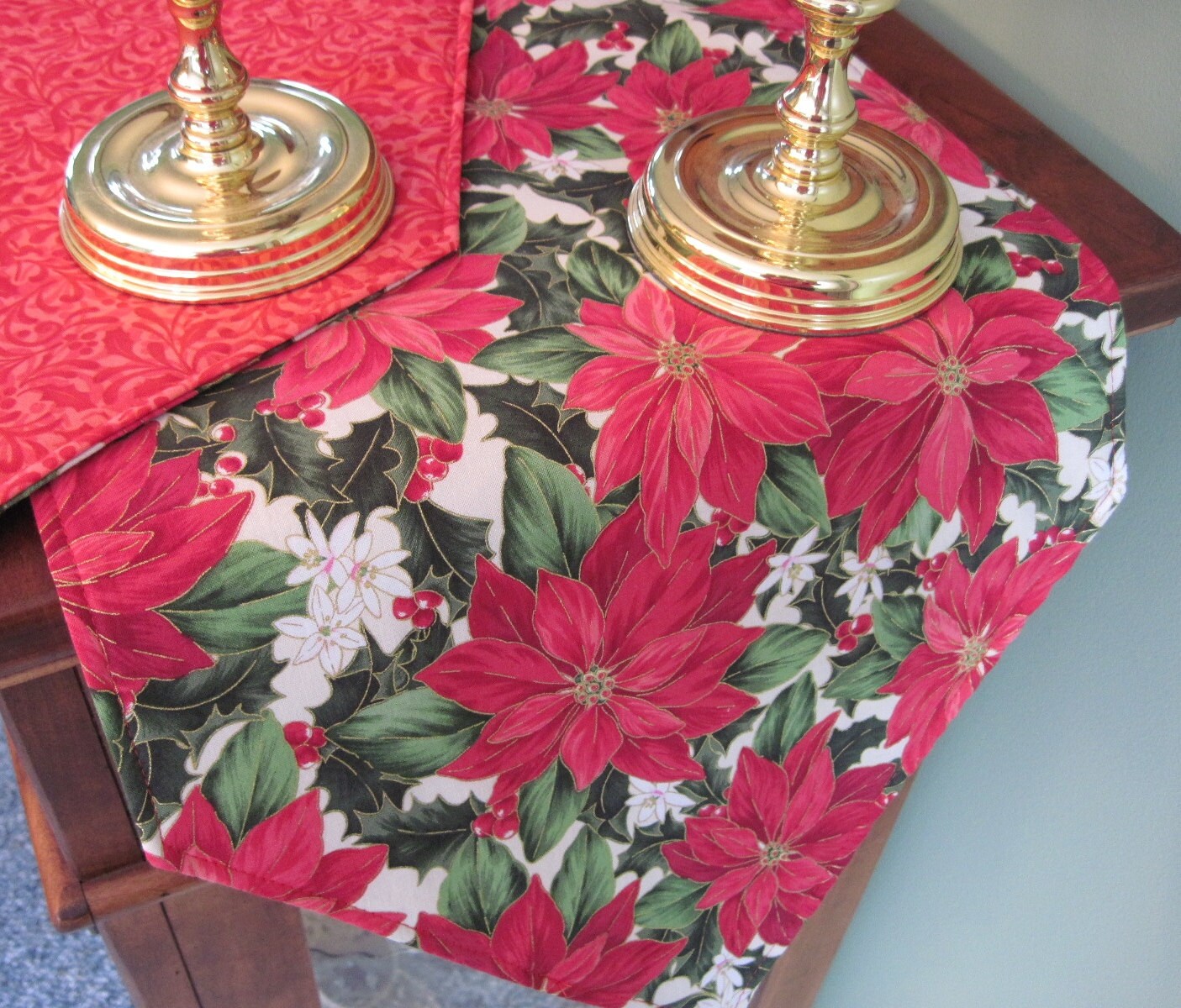 Red Poinsettia Table Runner 54 Reversible Christmas Red