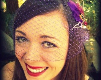 Purple Birdcage Veil bridal bandeau 9 Inch Retro
