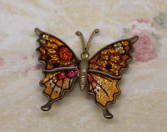 Vintage Glittery Fall Colors Butterfly Pin