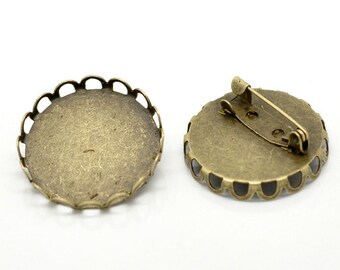 10 Bronze Metal Pins, brooch pins, fits 25mm (1") round cabochons,filigree bezel tray, pin backs, fin0497