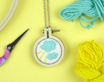 HAND EMBROIDERED PENDANT, cloud, mini hoop