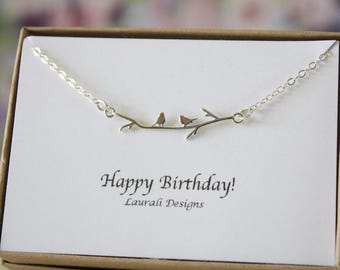 Birds on a Branch Necklace, Wren Birds Sterling Silver thin design, TIny Birds, BFF, Nature, Bar Silver Charm, Branch Bar silver necklace