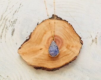 Lilac Rough Druzy Necklace- Light Purple-Druzy Necklace- Gold Necklace