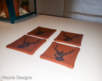Stags Head - Fused Glass Coasters - Handmade