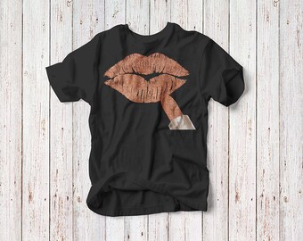 Rose Gold Lips t-shirt, faux rosegold glitter lipstick on pouty kissing lips, fashion art Women's short sleeve tee shirt by Glimmersmith