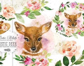 Deer Clipart, Rustic Clipart, Forest Clipart, Floral Clipart, Artisan Clipart, Watercolor deer,