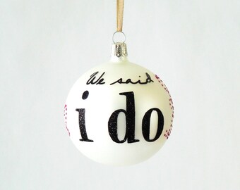 Wedding Ornament We Said I Do Dotted Double Hearts Blown Glass Ornament Personalize Monogram Newlywed Keepsake Gifts by Viva La Holiday