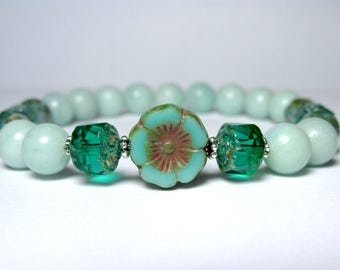 Green Amazonite Bracelet, Womens Beaded Bracelet, Boho Hippie Bracelet, Czech Flower Bracelet, Nature Bracelet, Gemstone Bracelet
