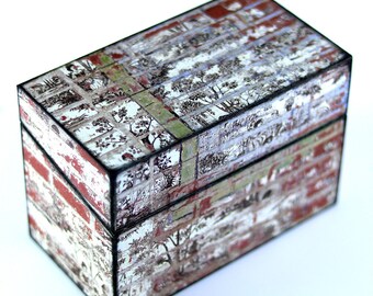 Wood Recipe Box Toille Over Bricks Kitchen Storage Fits 4x6 Recipe Cards