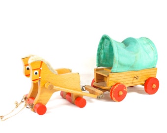 Wooden Toy Horse Covered Wagon Toy Western Toys Cowboy Toy Cart Farm Toys Wood Pull Toy
