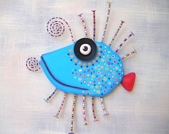 Blue Bluegill, MADE to ORDER, Original Found Object Wall Sculpture, Wood Carving, Fish Wall Art, Wall Decor, by Fig Jam Studio