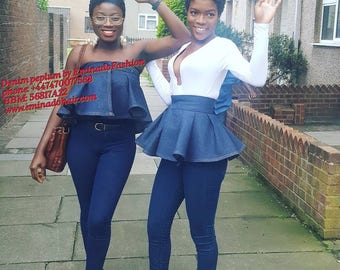 Denim Detachable Peplum Belt in dark denim. Can also be worn as a top. Up to 36inches in length.