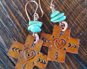 Cross Earrings - Leather Earrings - Hand Tooled Leather - Turquoise Earrings - Western Jewelry - Cowgirl Jewelry by Heart of a Cowgirl