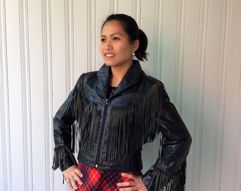 FRINGE LEATHER JACKET 1970s fitted Black Leather and Suede Rocker Full Fringe Fully Lined Jonathan Christopher Motorcycle Jacket