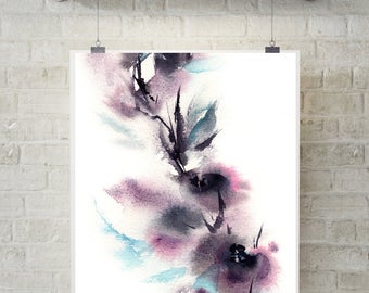 Abstract Flowers Fine Art Print, Abstract Botanical Purple Watercolor Painting Art, Modern Abstract Botanical Wall Art Print