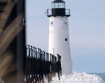 Color photograph of Manistee Lighthouse in the Snow