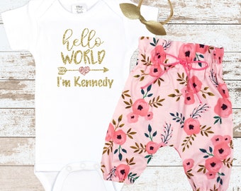 Personalized Hello World Coming Home Outfit | Custom Hello World Take Home Outfit | Pink Flower High Waisted Pants | Newborn Take Home