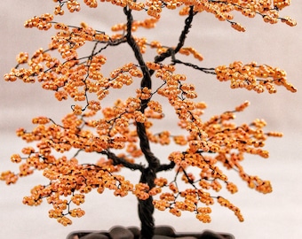 Orange Beaded Bonsai Wire Tree Sculpture
