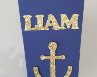 Pop corn or candy table paper-anchor-sailor theme party and name in gold box