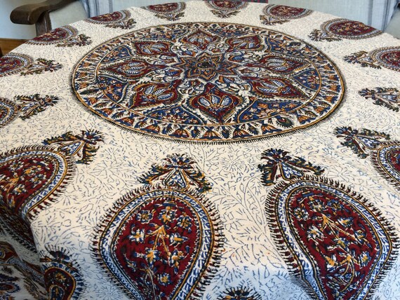 Traditional 60" inches round tablecloth , block printed paisley pattern round tablecloth , cotton tablecloth with tassels, cottage style