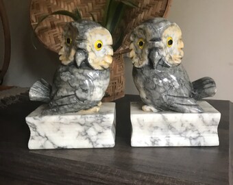 Vintage Alabaster Owl Bookends Mid Century Modern Book Ends Italian Alabaster Bird Book Holders
